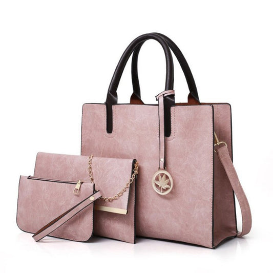 Retro 3-delat väskset i rosa färg – tote, kuvertväska och armbandsväska