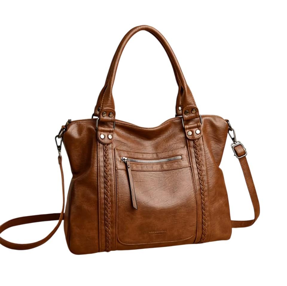 Brun handväska dam tote bag stor med dragkedja och ytterficka