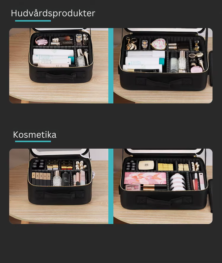 Öppen sminkväska med spegel och LED – organiserad makeupväska med fack