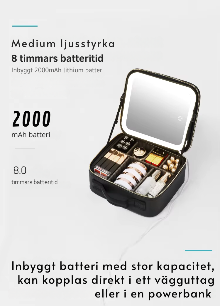 Sminkväska med LED-spegel och 2000 mAh batteri – upp till 8 timmars batteritid