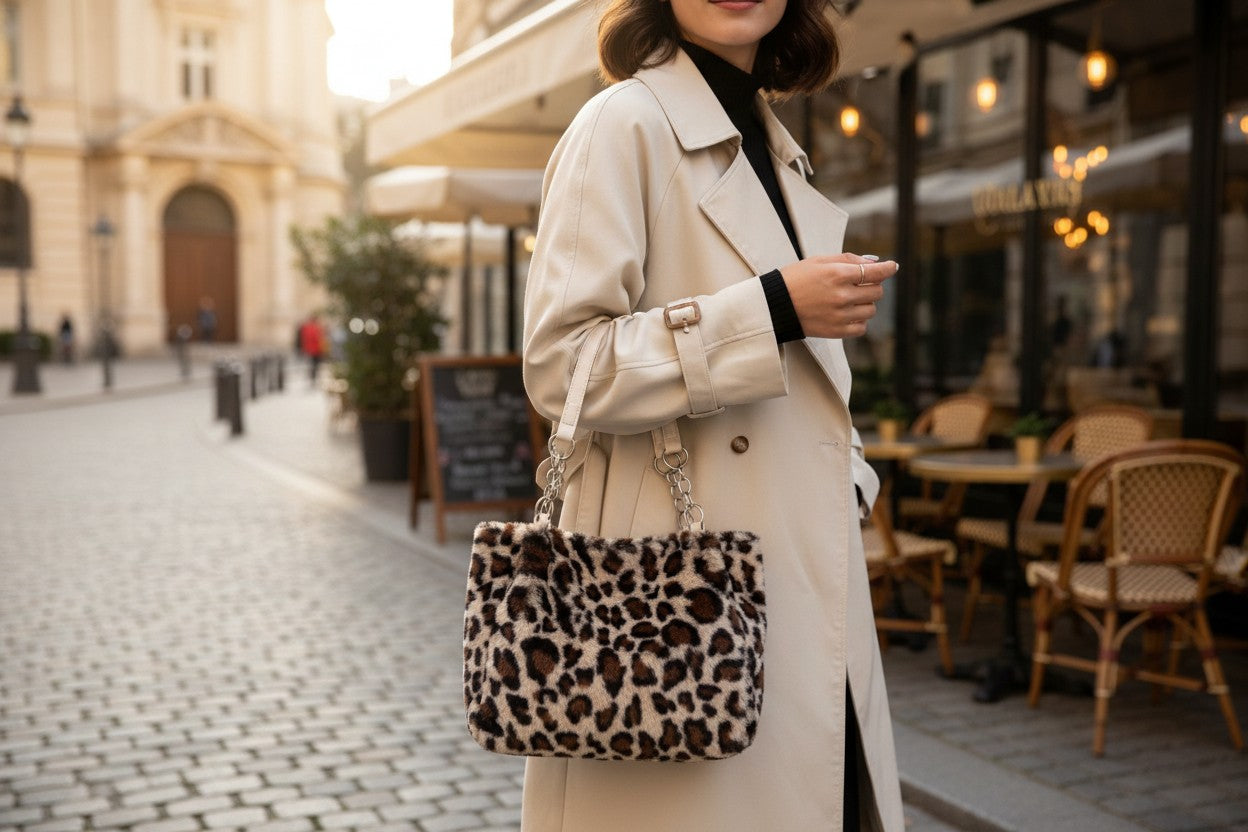 Leopardmönstrad handväska i stadsmiljö – trendig vardagslook