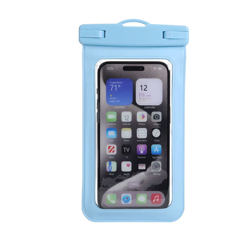 Vattentät mobilväska i ljusblå färg med transparent framsida