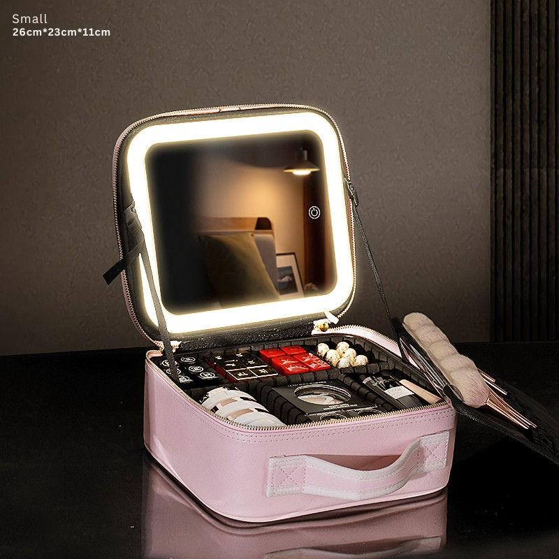 Sminkväska med spegel och LED i storlek Small – rosa makeupväska 26×23×11 cm