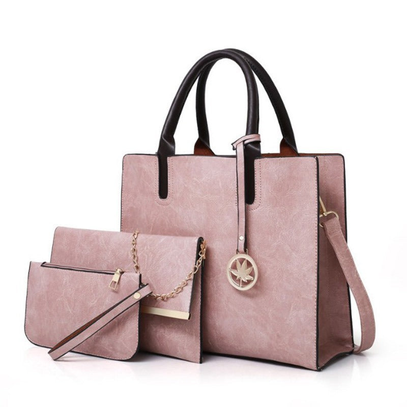 Retro 3-delat väskset i rosa färg – tote, kuvertväska och armbandsväska