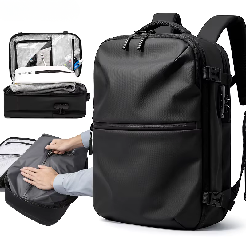 Vakuumryggsäck med kompressionsfunktion i svart – stor rese- och kabinryggsäck med TSA-lås