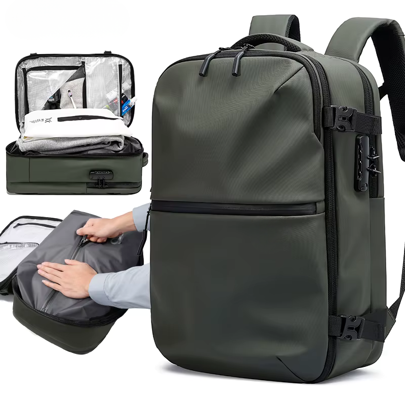 Vakuumryggsäck med kompressionsfunktion i grön – modern ryggsäck för resa och pendling