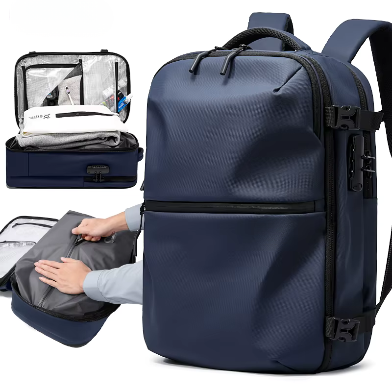 Vakuumryggsäck med kompressionsfunktion i blå – slitstark travel backpack med TSA-lås