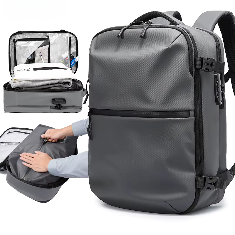 Vakuumryggsäck med kompressionsfunktion i grå – rymlig rese­ryggsäck för flyg och vardag
