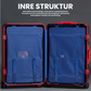 Itsbag.se red aluminum luggage with TSA lock and 360° wheels, featuring a blue interior with mesh pockets and straps.