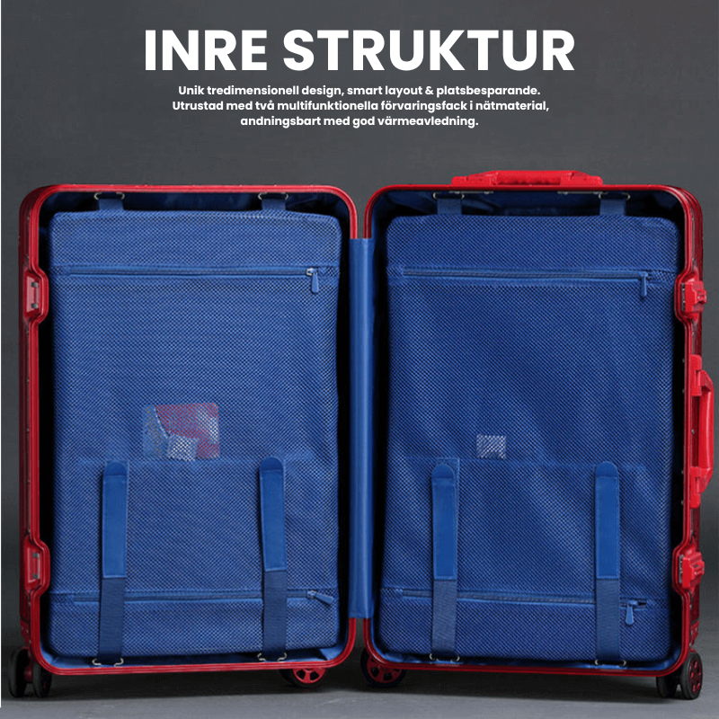 Itsbag.se red aluminum luggage with TSA lock and 360° wheels, featuring a blue interior with mesh pockets and straps.