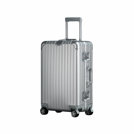 Itsbag.se silver aluminium suitcase with TSA lock and 360° wheels. Durable, lightweight, and stylish travel luggage.