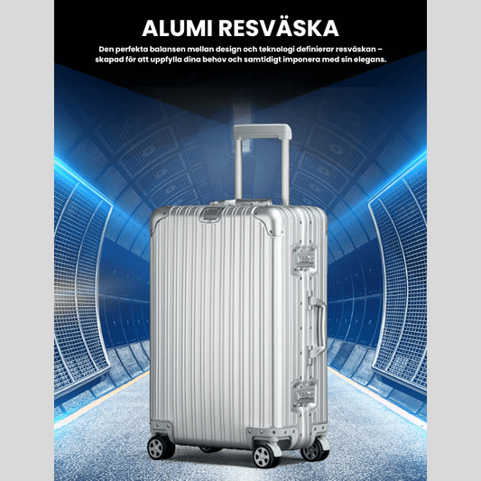 Itsbag.se silver aluminum travel suitcase with TSA lock and 360° wheels, ideal for business or vacation.