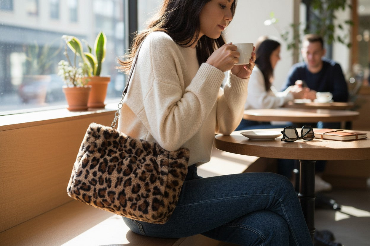 Leopardmönstrad handväska i café-miljö – bärs över axeln