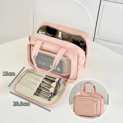 Rosa sminkväska med borsthållare – rymlig makeupväska med smart förvaring