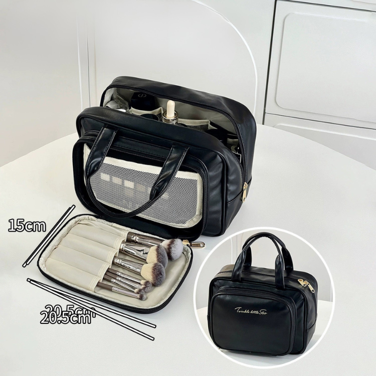 Svart sminkväska med borsthållare – praktisk makeupväska för resa och vardag